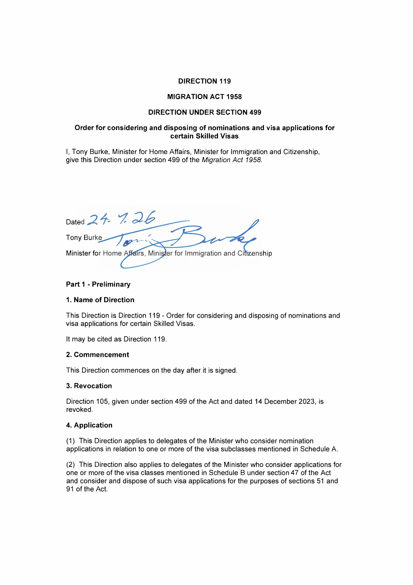 Ministerial Direction 119, official page 1 of 8